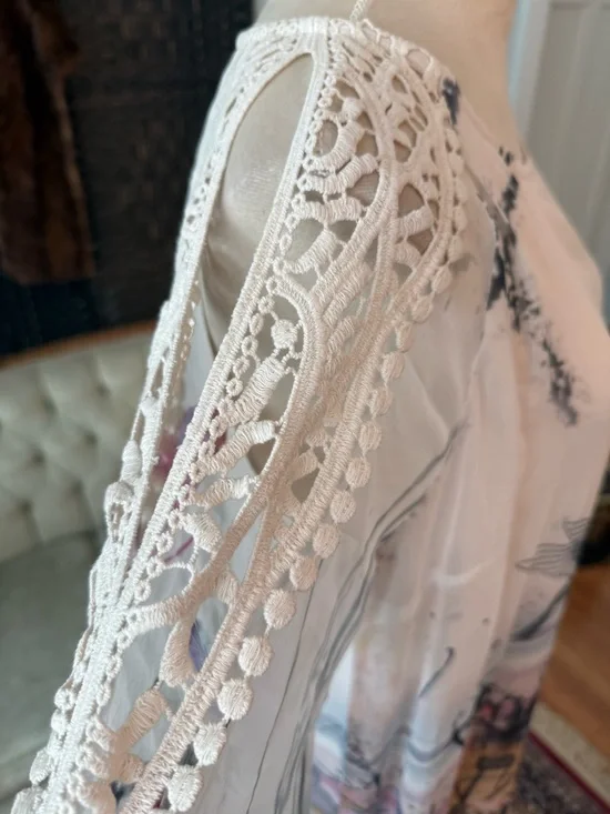 🐦 NWT Cream Addie Dress Chalk Print Lace Shoulder Sheer Boho Tunic EU 36 - Picture 5 of 14